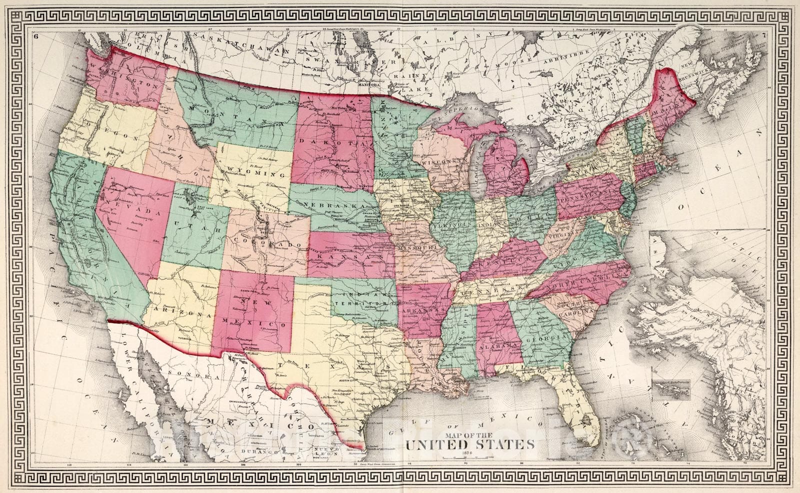 Historic Map : Map of the United States 1874., 1874, Vintage Wall Art