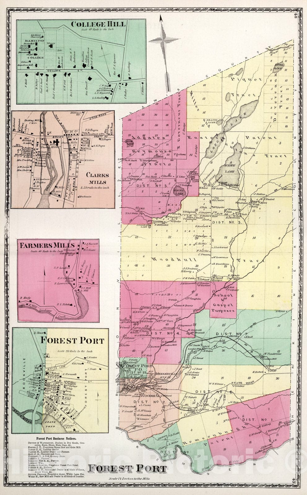 Historic Map : Forest Port, Oneida County, New York. College Hill. Clarks Mills. Farmers Mills. Forest Port., 1874, Vintage Wall Art