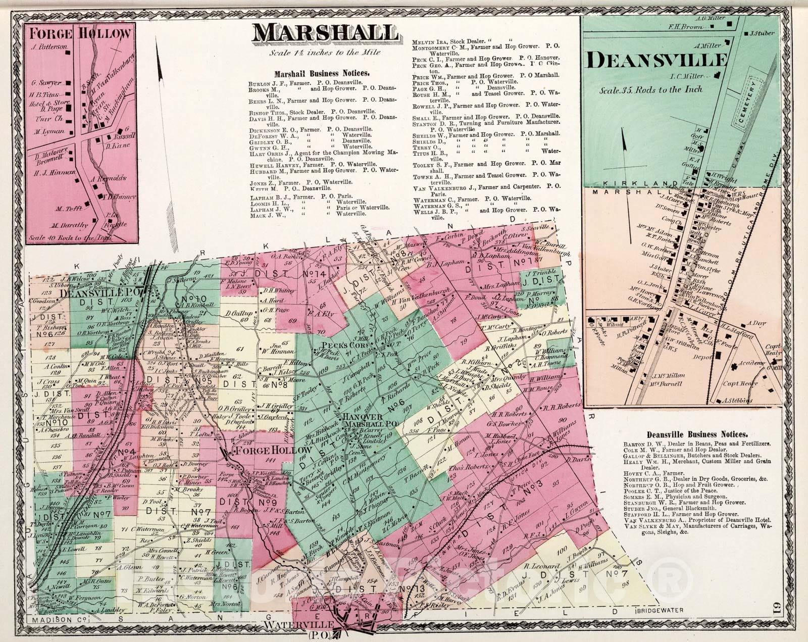 Historic Map : Marshall, Oneida County, New York. Forge Hollow. Deansville., 1874, Vintage Wall Art