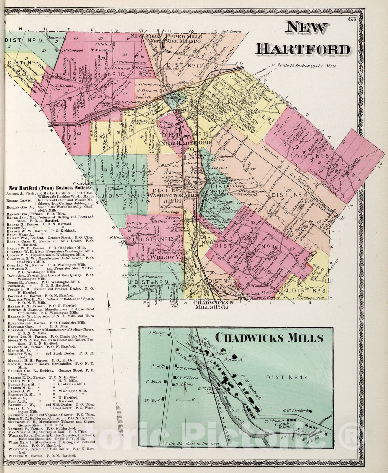 Historic Map : New Hartford, Oneida County, New York. Chadwicks Mills., 1874, Vintage Wall Art
