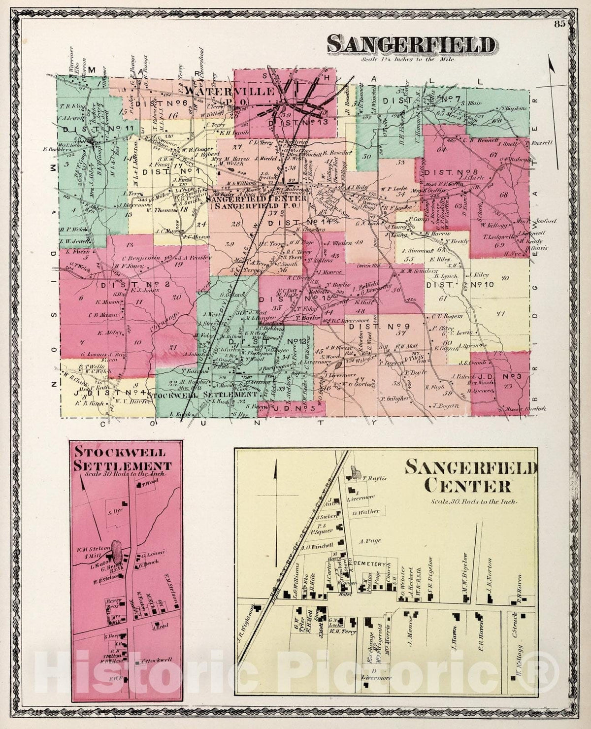 Historic Map : Sangerfield, Oneida County, New York. Stockwell Settlement. Sangerfield Center., 1874, Vintage Wall Art