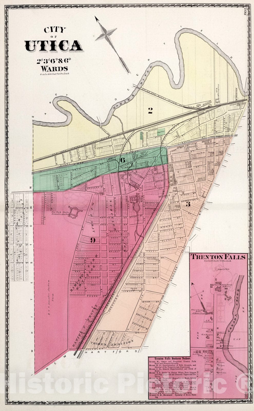 Historic Map : Utica, 2d., 3d., 6th. & 9th Wards. Trenton Falls, New York., 1874, Vintage Wall Art