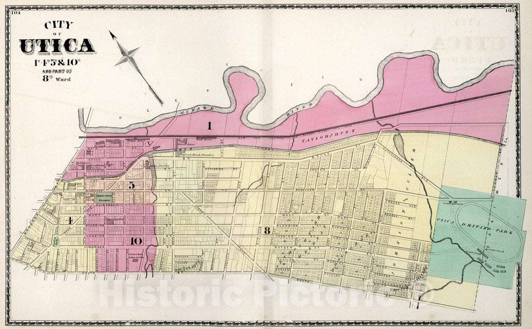 Historic Map : Utica, 1st, 4th, 5th & 10th and Part of 8th Ward, New York., 1874, Vintage Wall Art