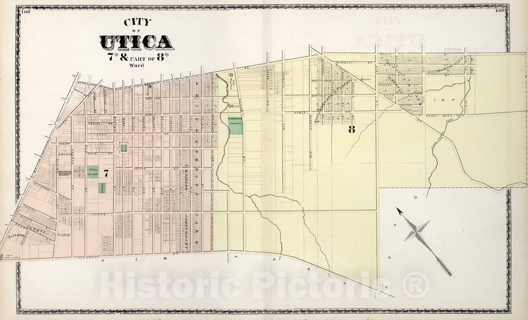Historic Map : Utica, 7th & Part of 8th Ward, New York., 1874, Vintage Wall Art