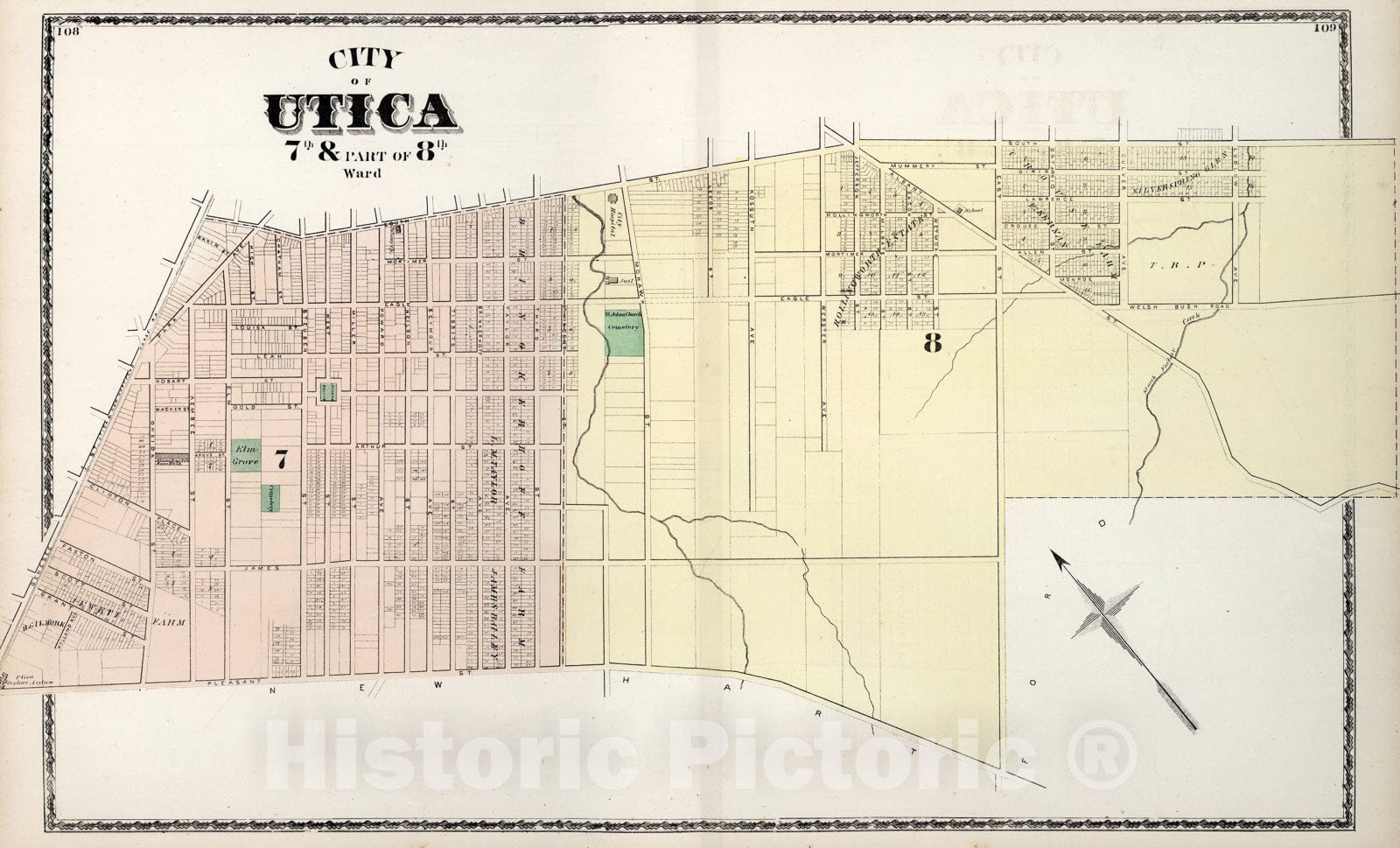 Historic Map : Utica, 7th & Part of 8th Ward, New York., 1874, Vintage Wall Art