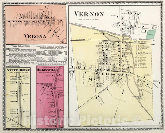 Historic Map : Vernon. Verona. State Bridge. Higginsville, New York., 1874, Vintage Wall Art