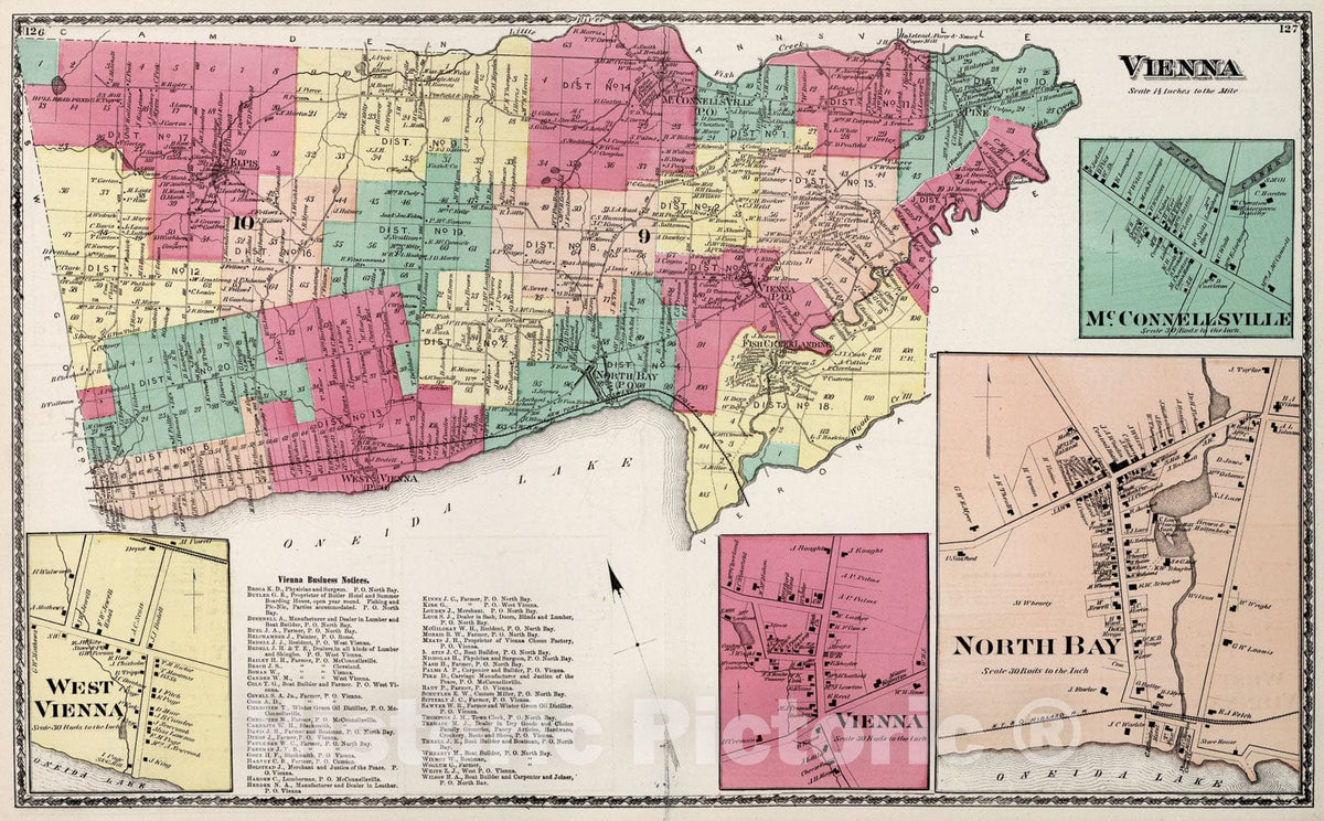 Historic Map : Vienna, Oneida County, New York. West Vienna. Vienna. North Bay. McConnellsville., 1874, Vintage Wall Art