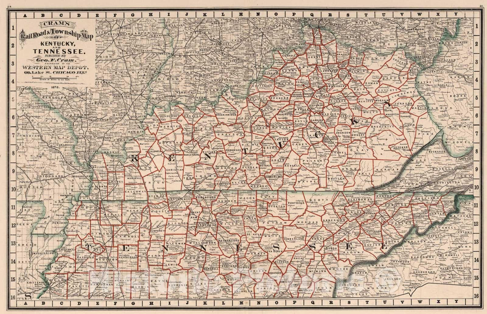 Kentucky and Tennessee - Railroad Map, 1878 - Cram's Standard American Atlas