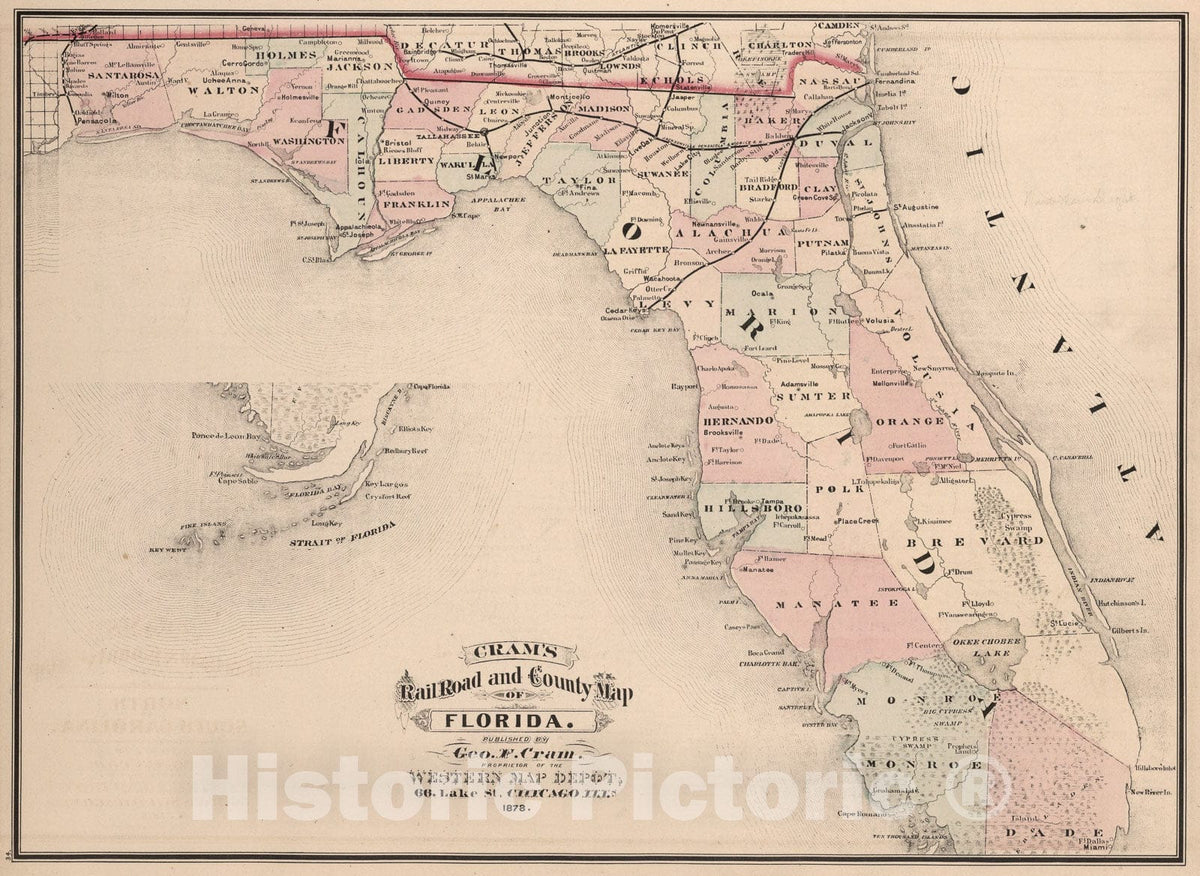 Historic Map : Florida., 1878, Vintage Wall Art
