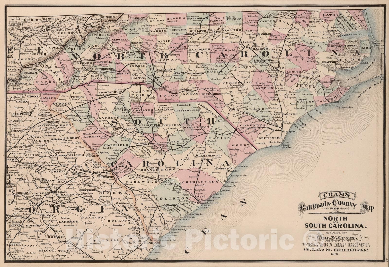 Historic Map : North Carolina and South Carolina., 1878, Vintage Wall Art