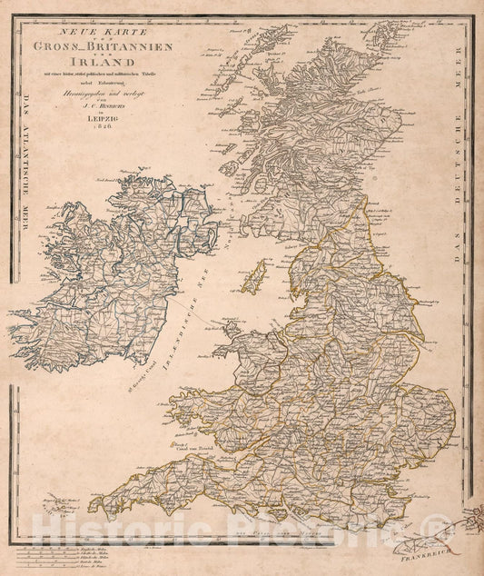 Historic Map : Neue karte von Gross-Britannien von Irland, 1826, Vintage Wall Art