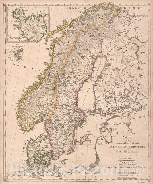 Historic Map : Charte der drey nordischen Reiche Schweden Norwegen und Daenemark, 1826, Vintage Wall Art