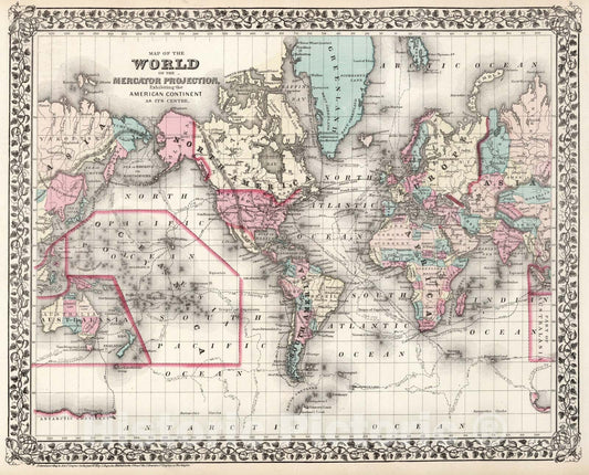 Historic Map : Map of the World on Mercator Projection, 1877, Vintage Wall Art