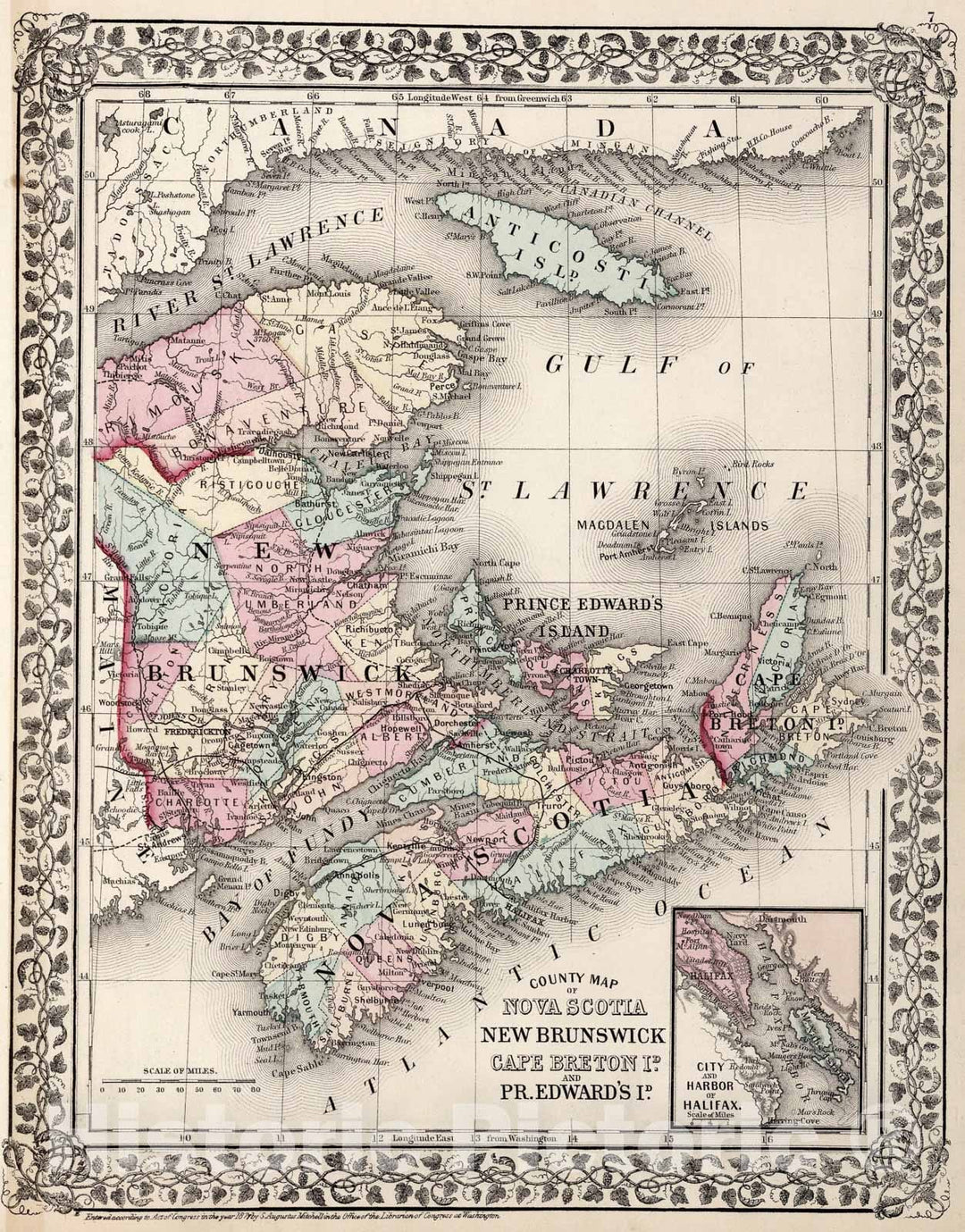 Historic Map : County map of Nova Scotia, New Brunswick, Cape Breton Id. and Pr. Edward's Id., 1877, Vintage Wall Art