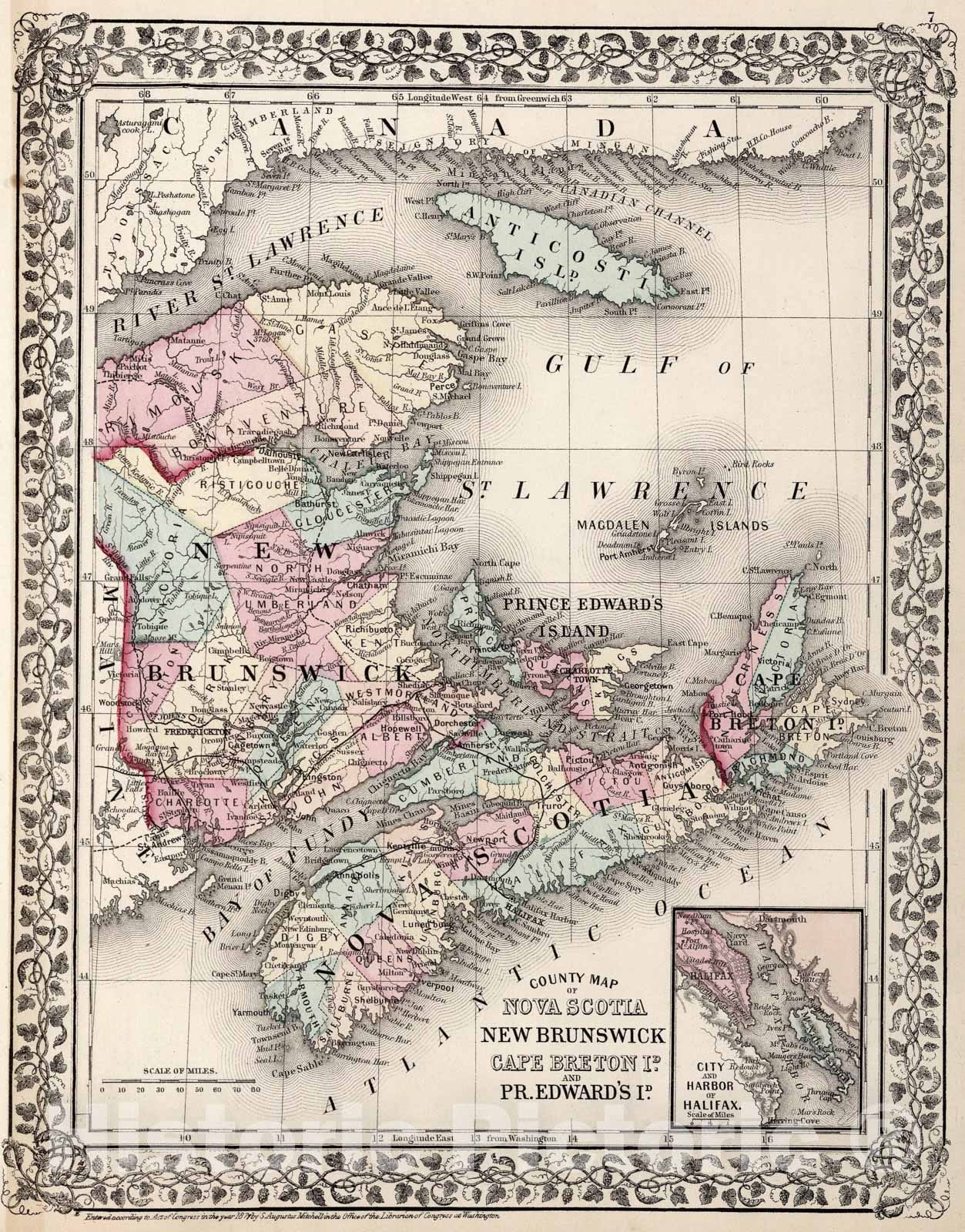 Historic Map : County map of Nova Scotia, New Brunswick, Cape Breton Id. and Pr. Edward's Id., 1877, Vintage Wall Art