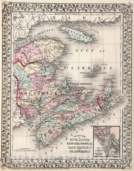 Historic Map : County map of Nova Scotia, New Brunswick, Cape Breton Id. and Pr. Edward's Id., 1877, Vintage Wall Art