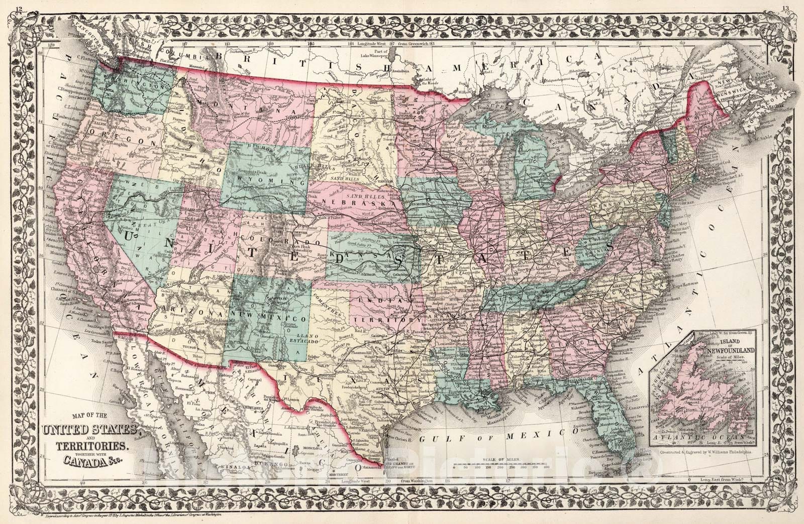 Historic Map : Map of the United States, and Territories. together with Canada &c., 1877, Vintage Wall Art