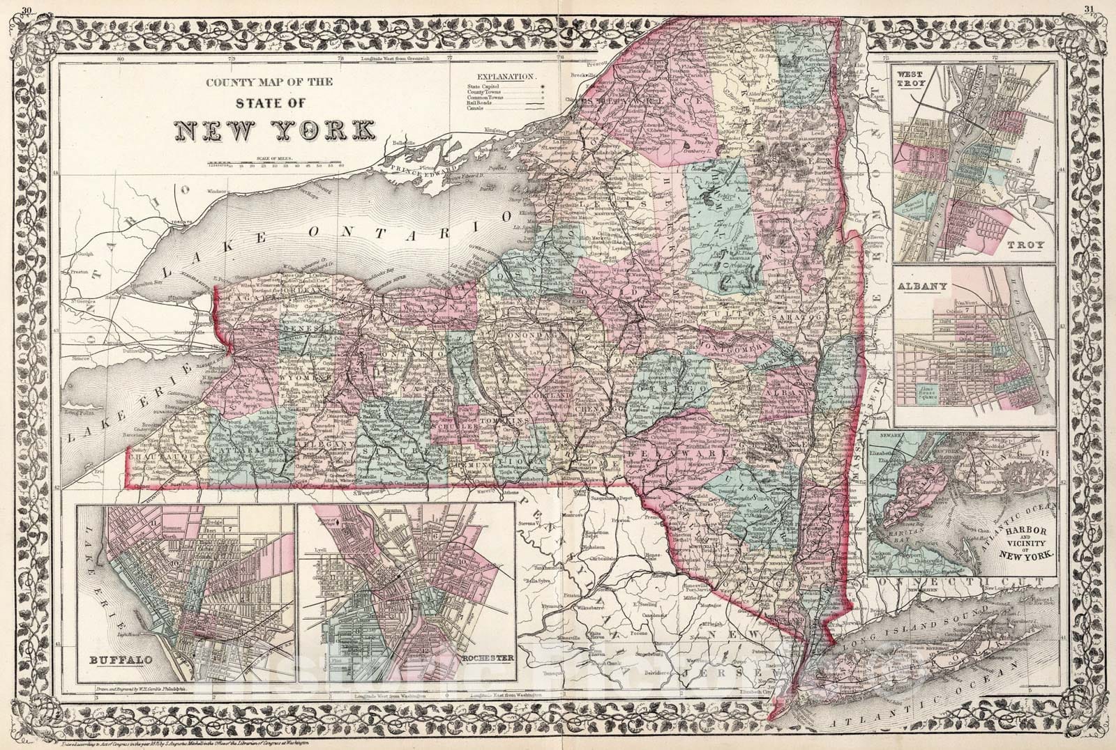 Historic Map : County map of the State of New York, 1877, Vintage Wall Art