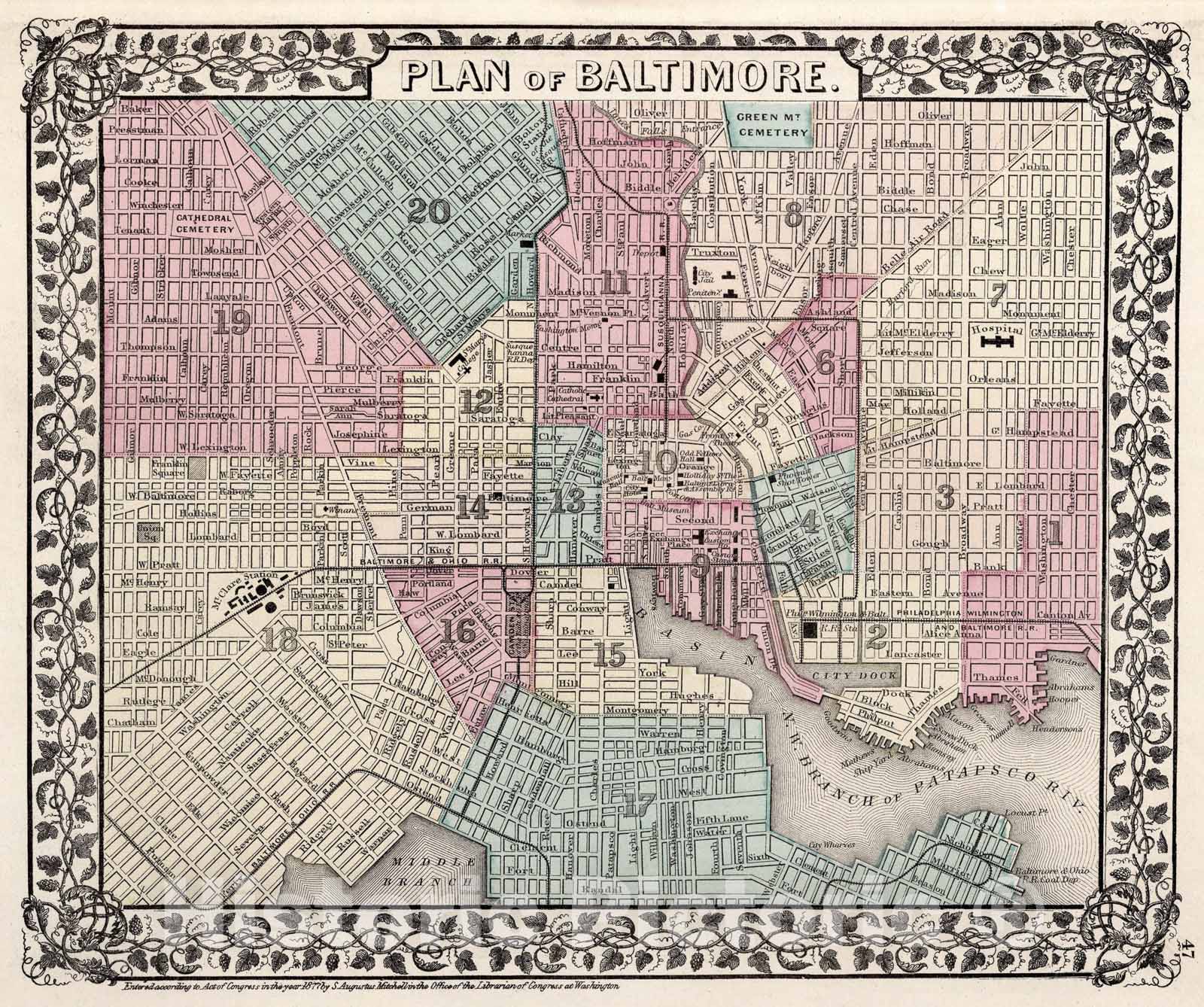 Historic Map : Plan of Baltimore, 1877, Vintage Wall Art