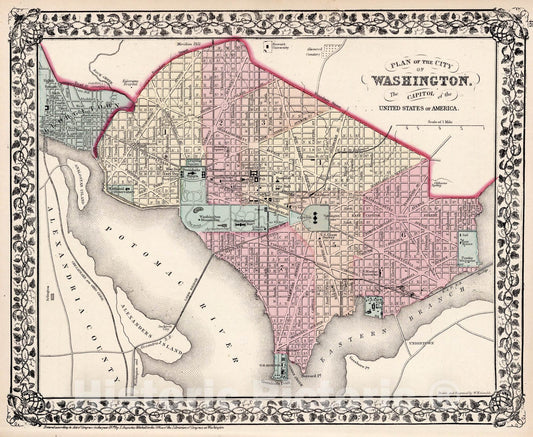 Historic Map : Plan of the city of Washington, 1877, Vintage Wall Art