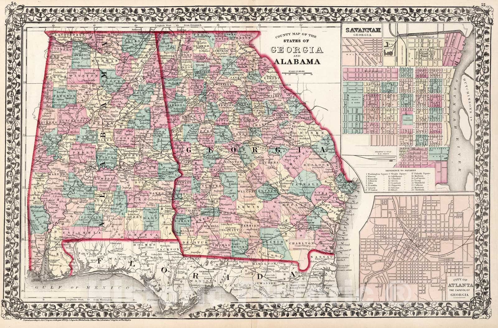 Historic Map : County map of the States of Georgia and Alabama, 1877, Vintage Wall Art