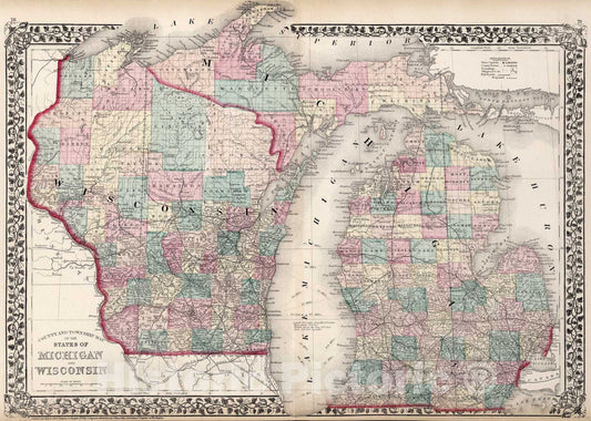Historic Map : County and township map of the States of Michigan and Wisconsin, 1877, Vintage Wall Art