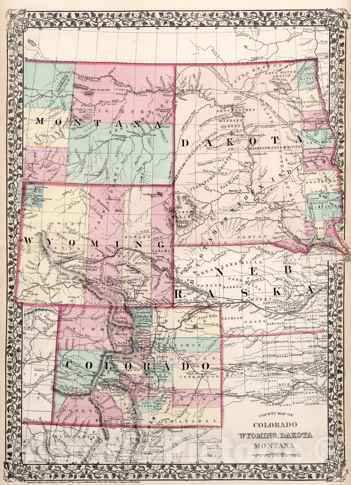 Historic Map : County map of Colorado, Wyoming, Dakota, Montana, 1877, Vintage Wall Art