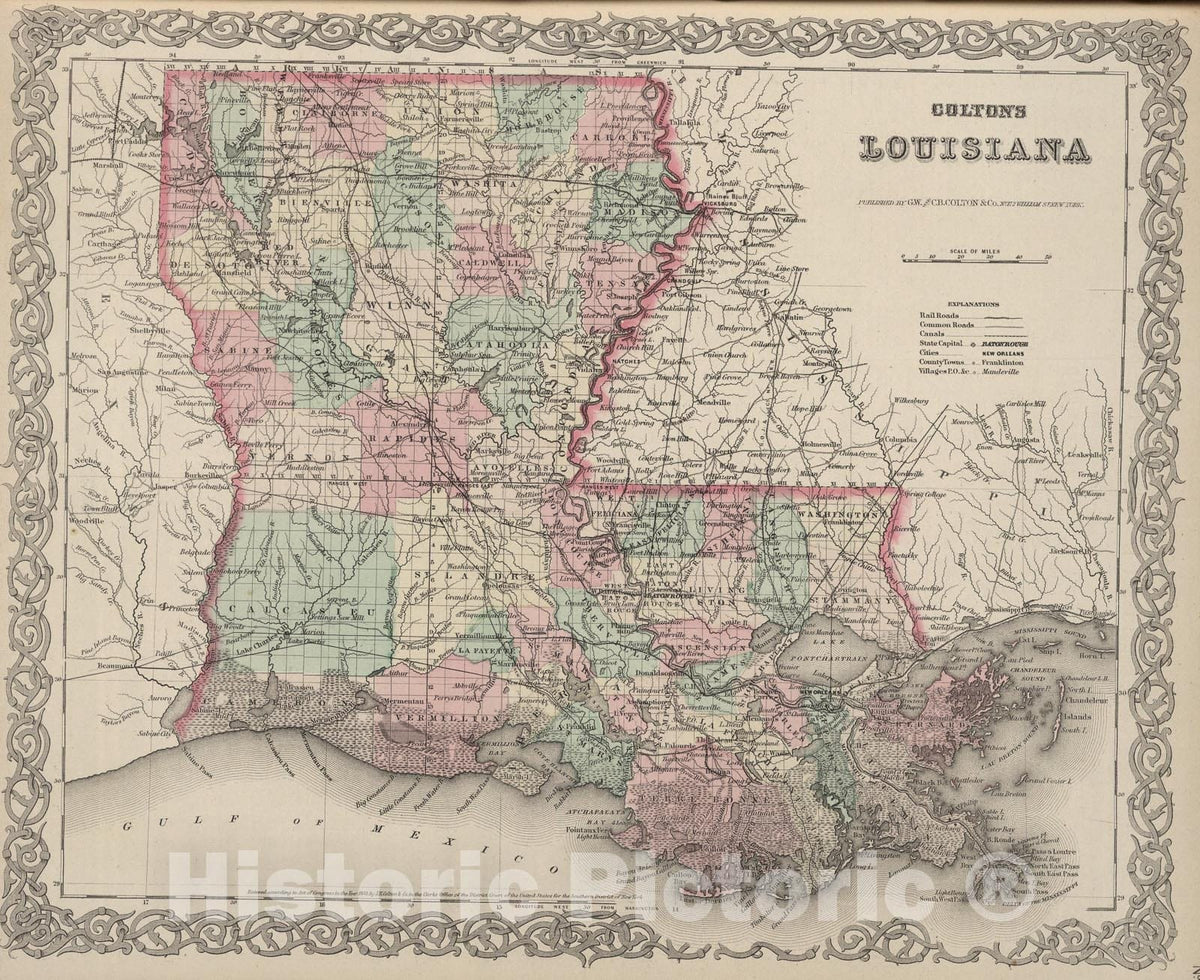 Historic Map : Louisiana., 1874, Vintage Wall Art