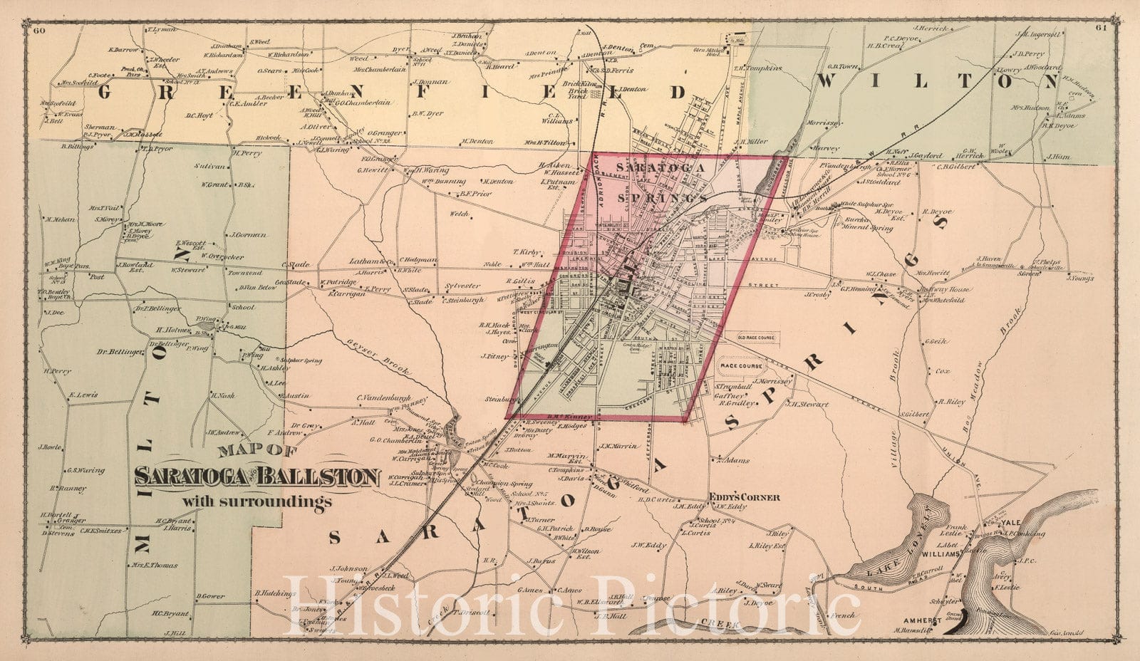 Saratoga and Ballston, New York - Property Map, 1876 - Historical Map Print