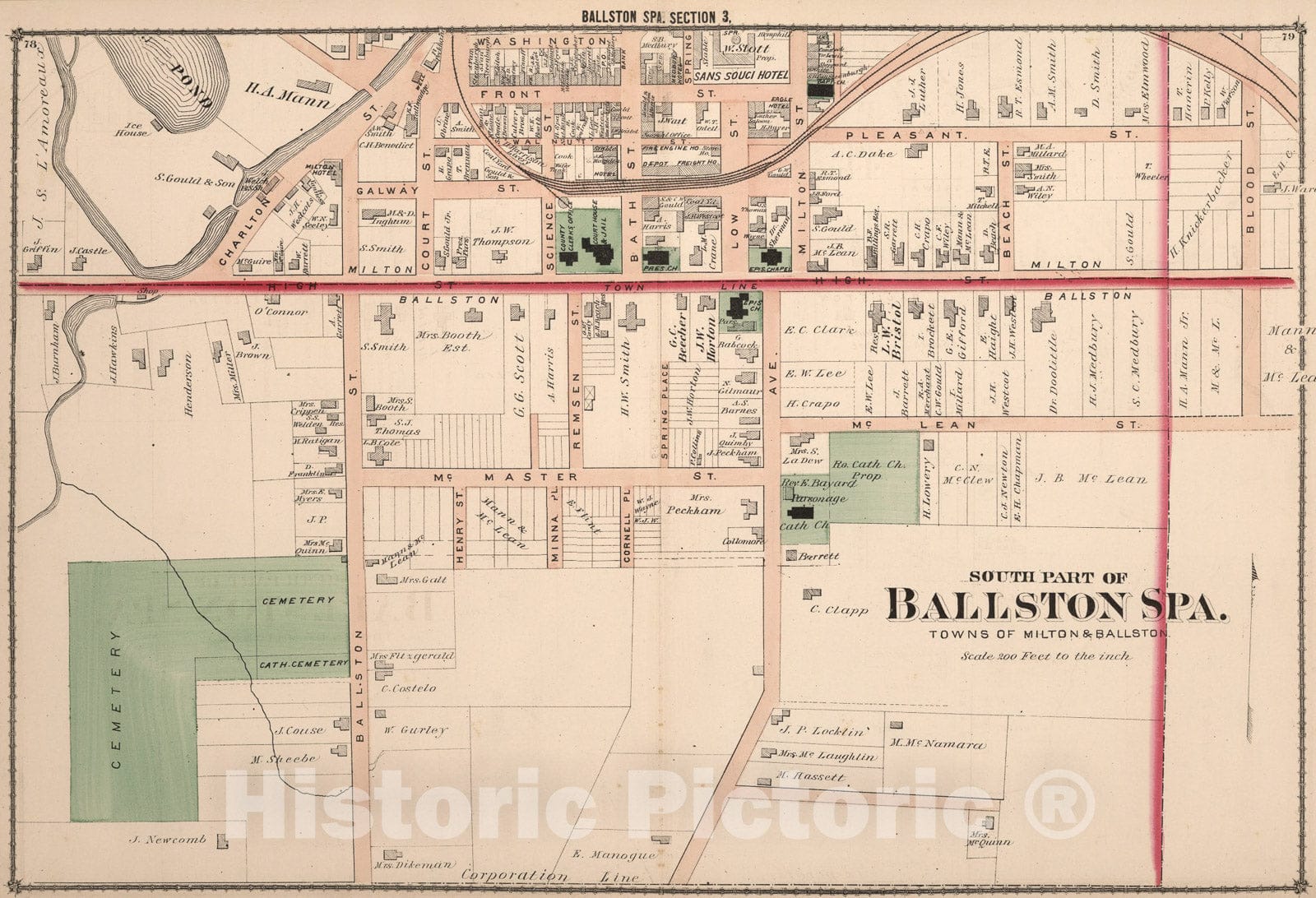 Historic Map : South Part of Ballston Spa, Saratoga County, New York., 1876, Vintage Wall Art