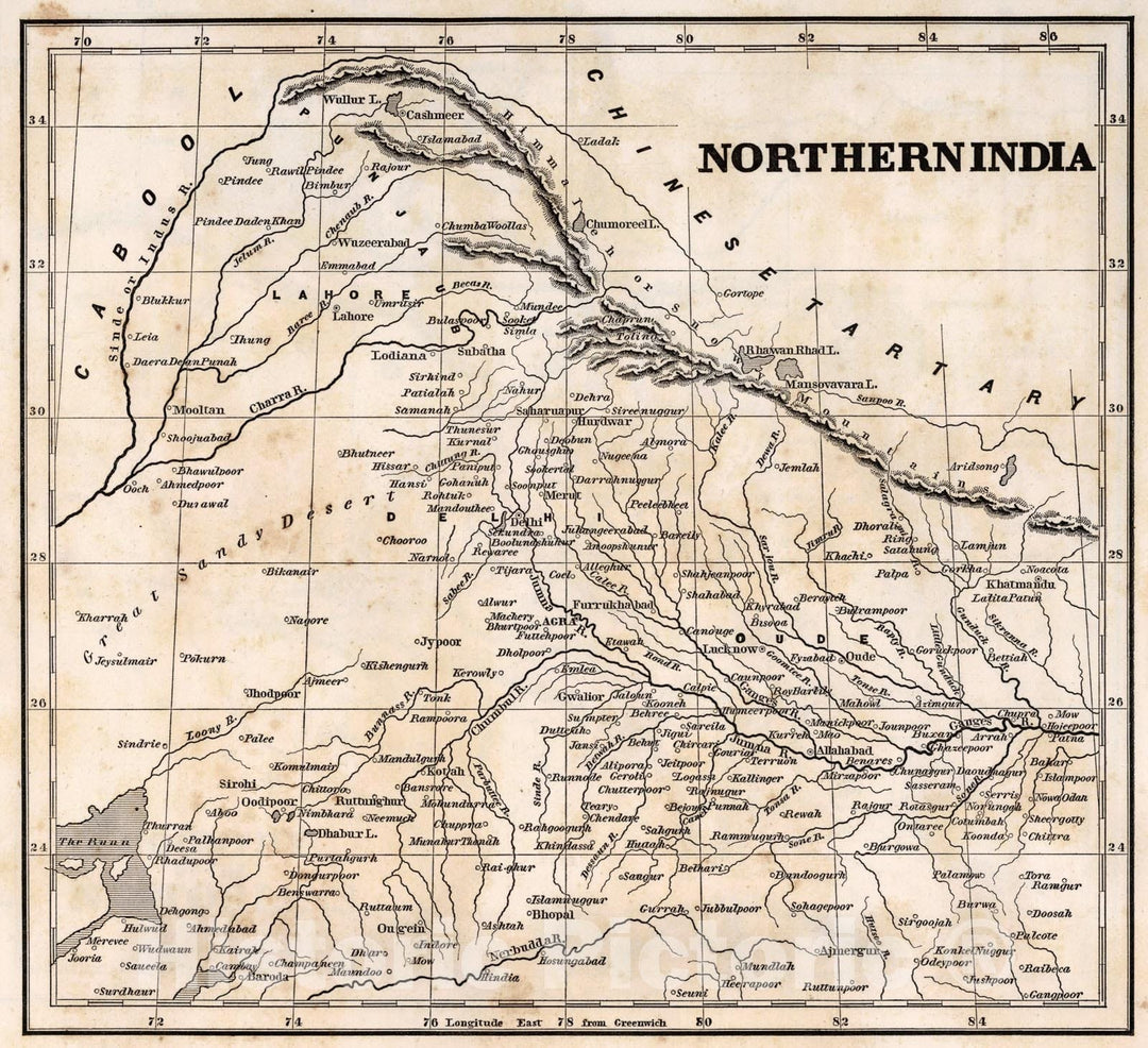 Historic Map : Northern India, 1848, Vintage Wall Art