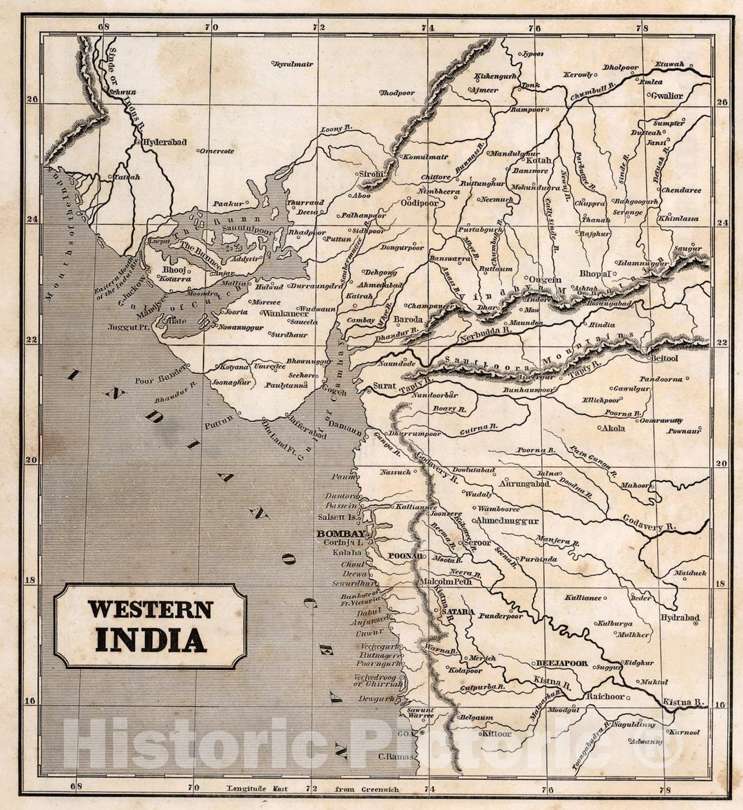 Historic Map : Western India, 1848, Vintage Wall Art