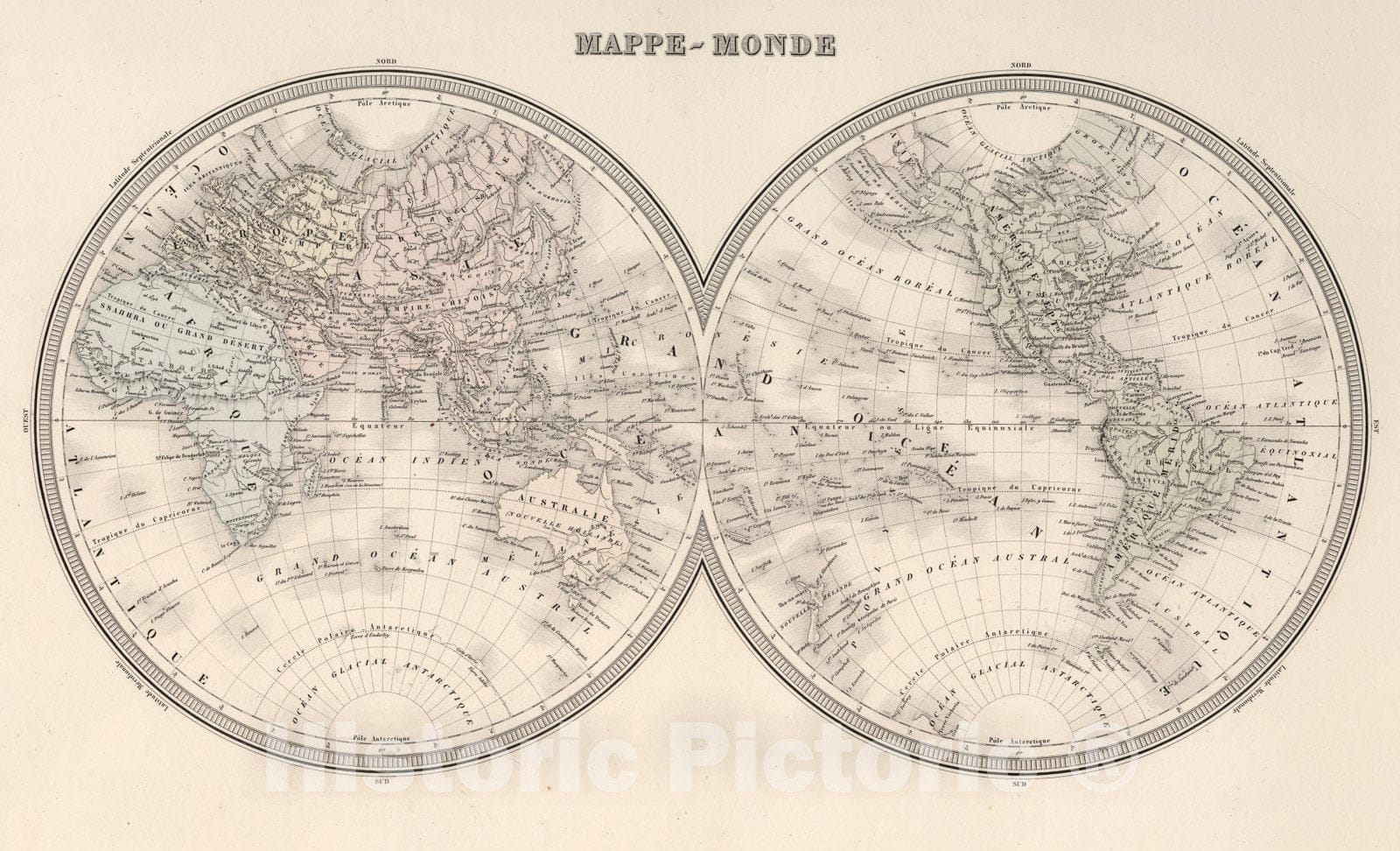 Historic Map : Mappe - Monde., 1863, Vintage Wall Art