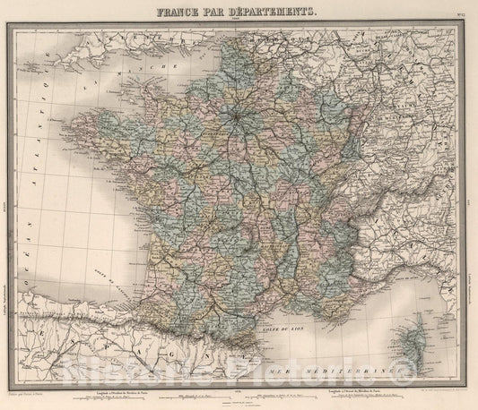 Historic Map : France par Departements., 1863, Vintage Wall Art