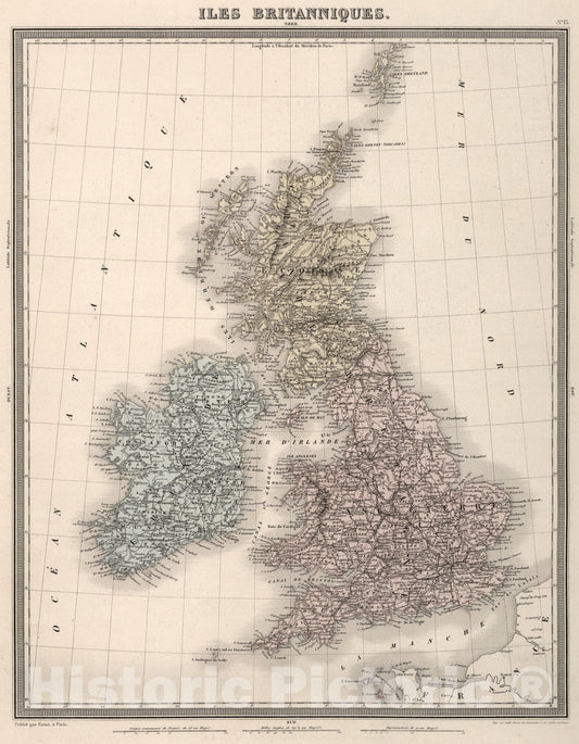 Historic Map : Iles Britanniques., 1863, Vintage Wall Art