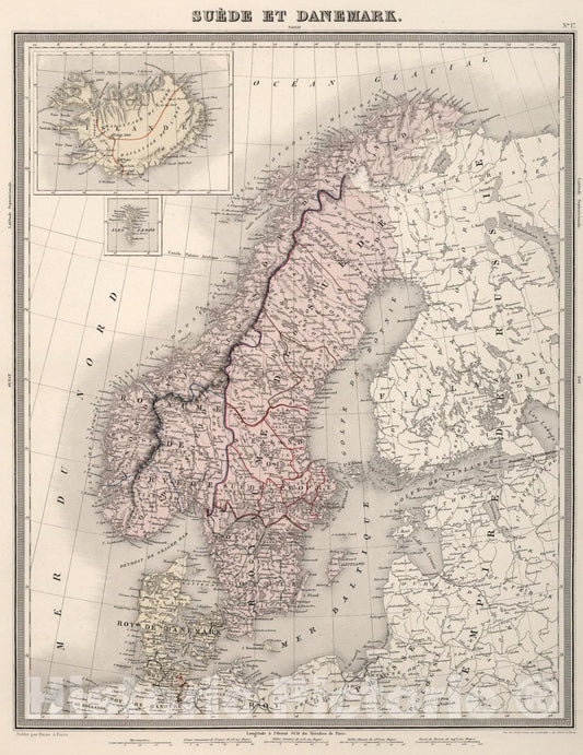 Historic Map : Suede et Danemark., 1863, Vintage Wall Art