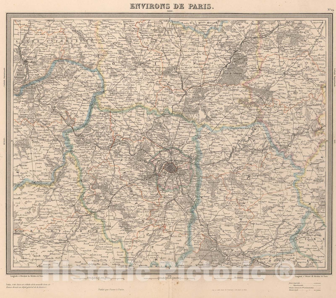 Historic Map : Environs de Paris., 1863, Vintage Wall Art