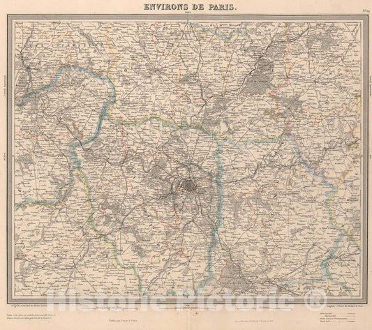 Historic Map : Environs de Paris., 1863, Vintage Wall Art