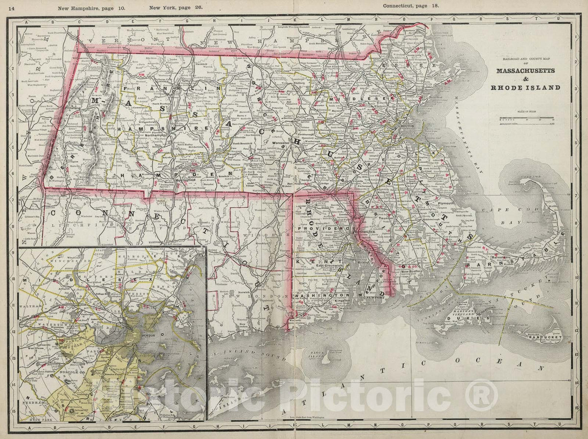 Historic Map : Massachusetts and Rhode Island., 1889, Vintage Wall Art