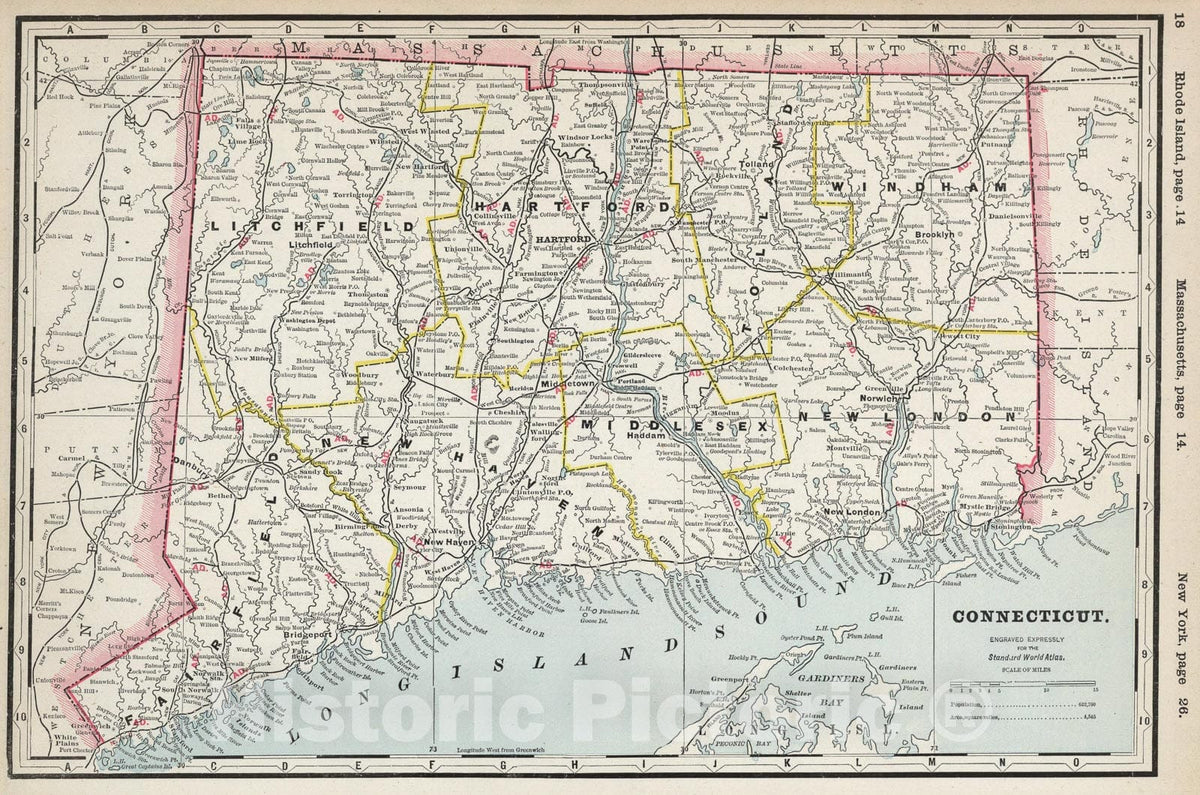 Historic Map : Connecticut., 1889, Vintage Wall Art
