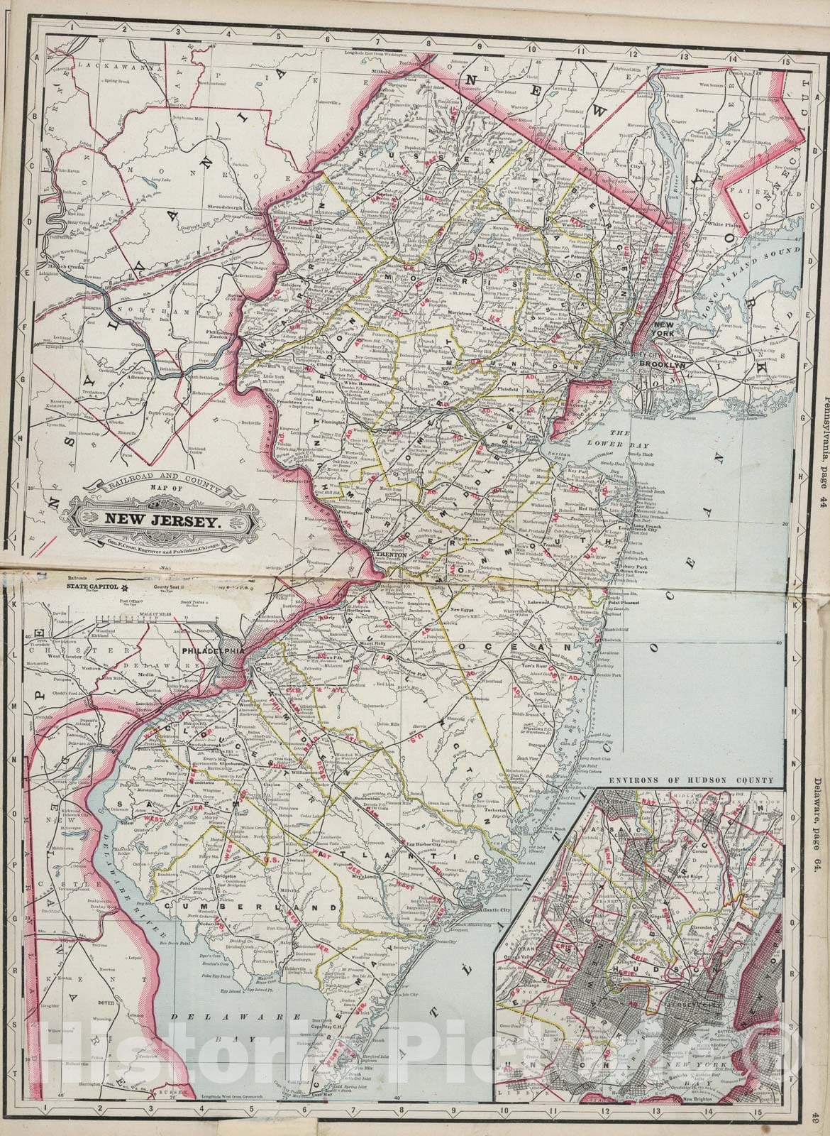 Historic Map : New Jersey., 1889, Vintage Wall Art