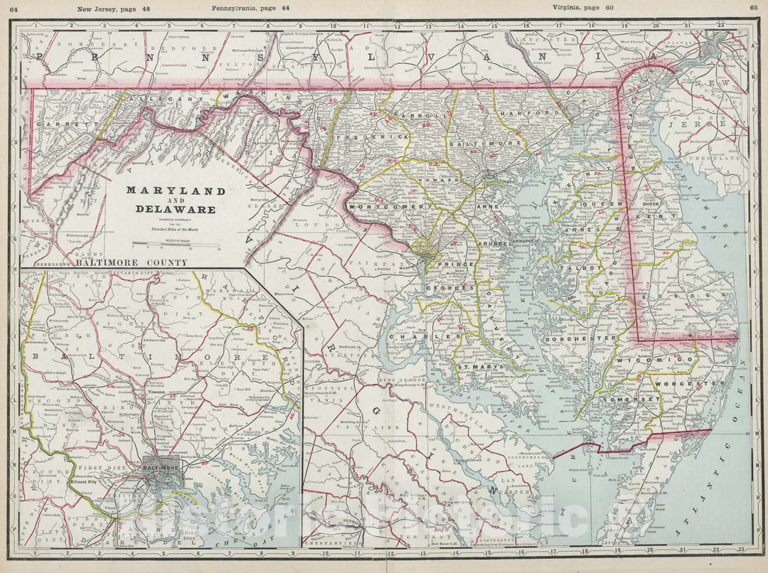 Historic Map : Maryland and Delaware., 1889, Vintage Wall Art