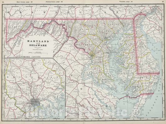 Historic Map : Maryland and Delaware., 1889, Vintage Wall Art