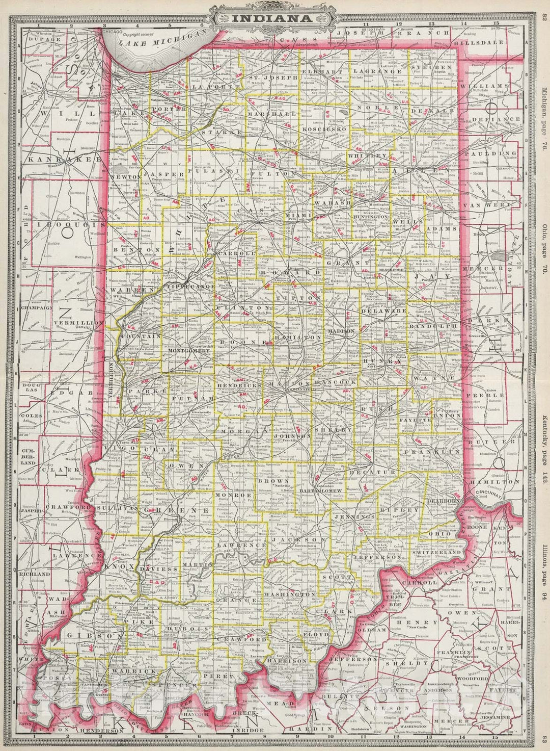 Historic Map : Indiana., 1889, Vintage Wall Art