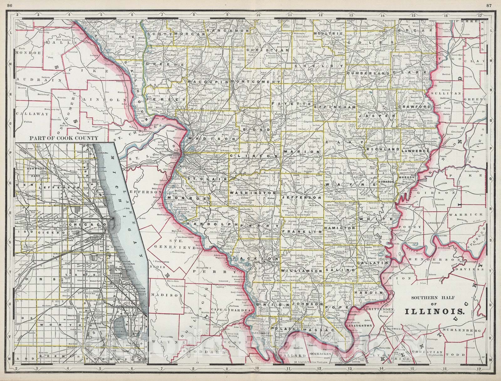 Historic Map : Illiinois (southern portion)., 1889, Vintage Wall Art