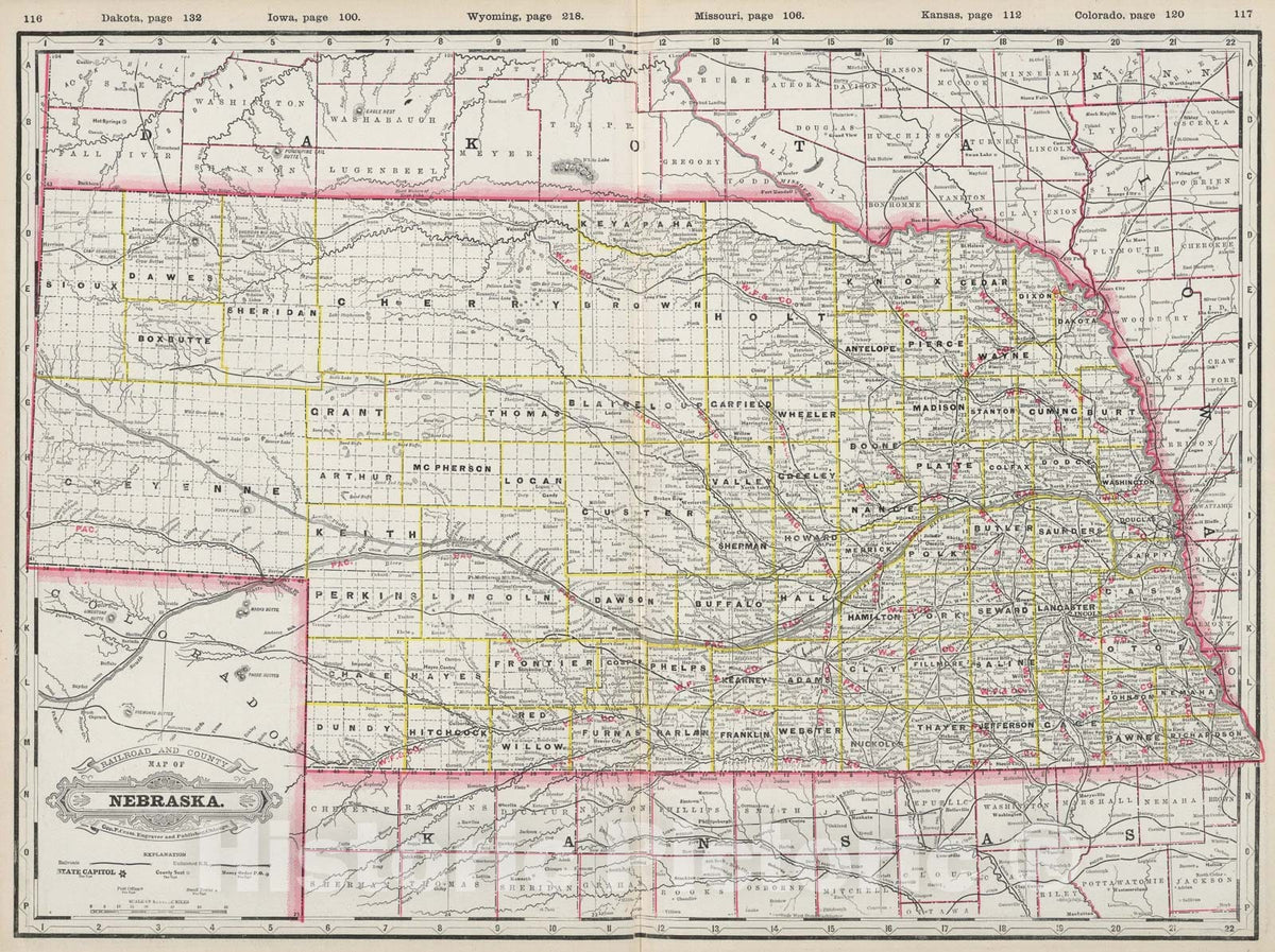 Historic Map : Nebraska., 1889, Vintage Wall Art