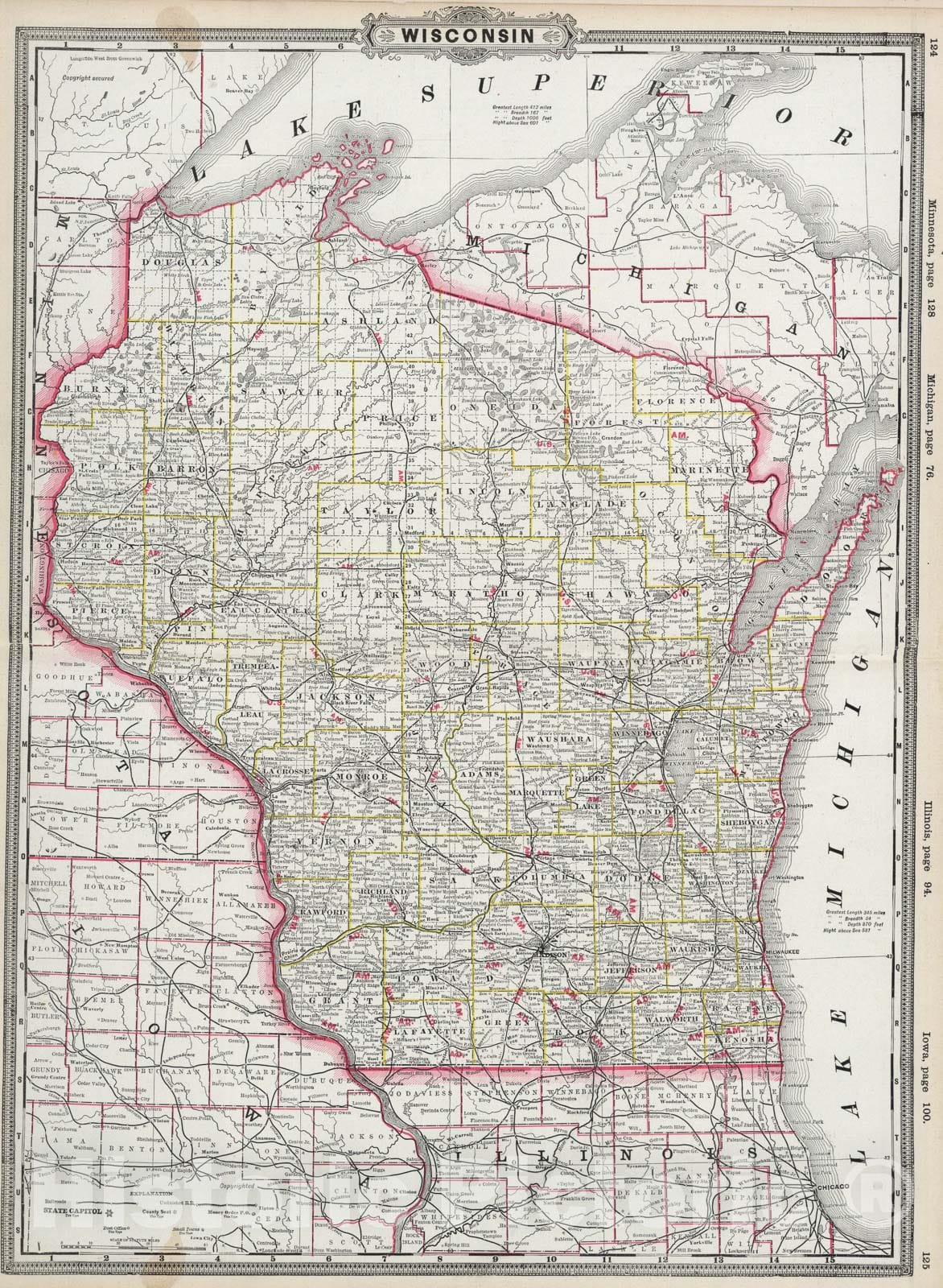 Historic Map : Wisconsin., 1889, Vintage Wall Art