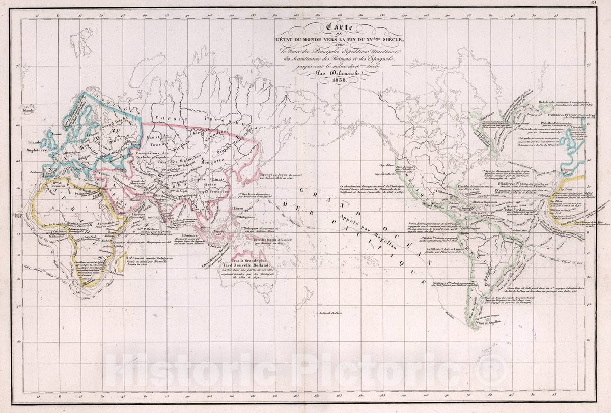 Historic Map : L'Etat du Monde vers la Fin du XVeme Siecle ... 1838., 1847, Vintage Wall Art
