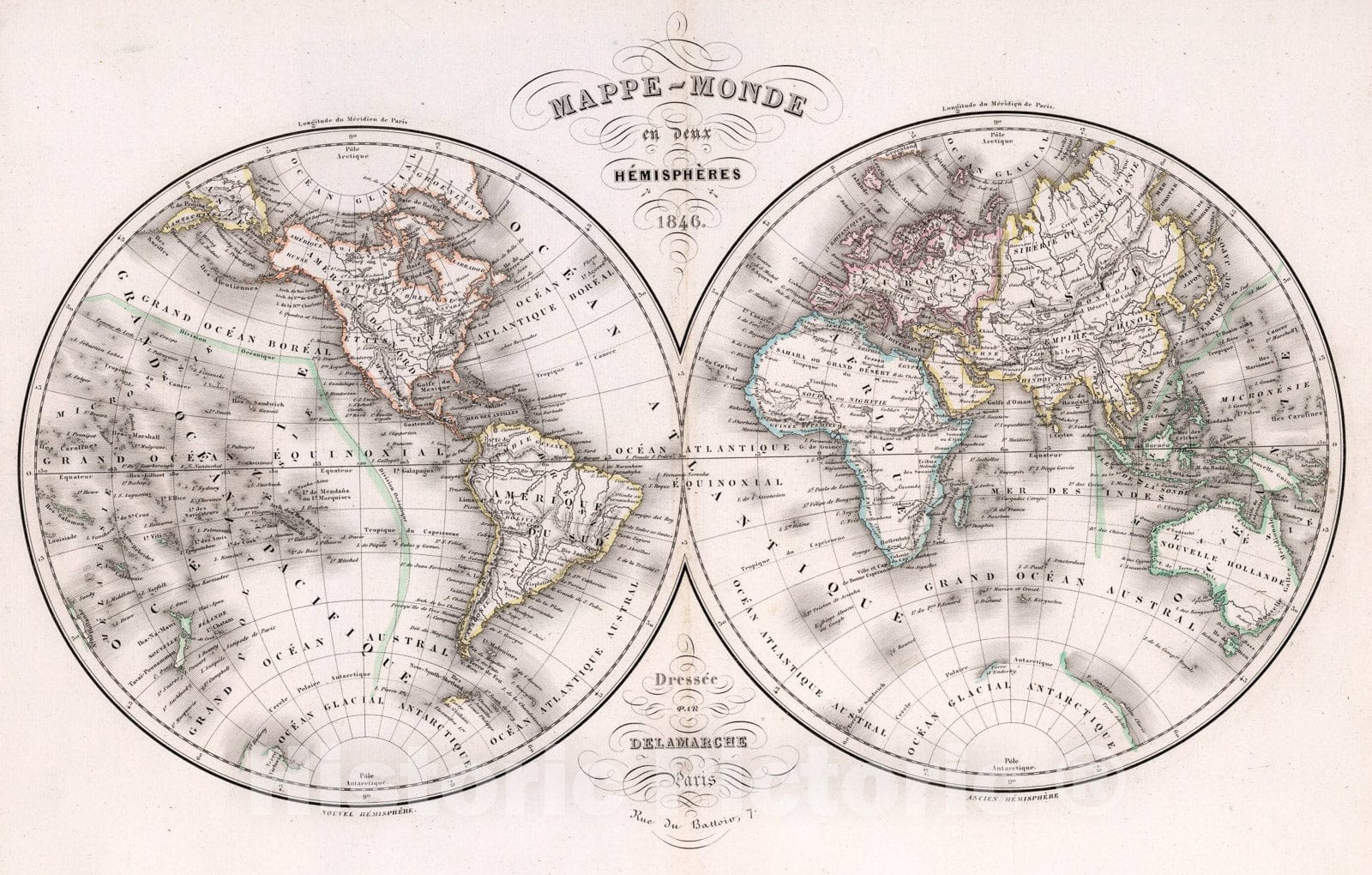 Historic Map : Mappe - Monde en deux Hemispheres ... 1846., 1847, Vintage Wall Art