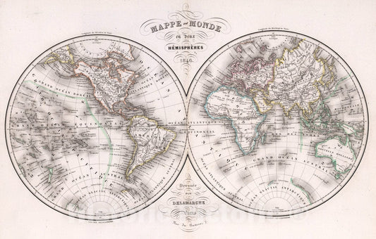 Historic Map : Mappe - Monde en deux Hemispheres ... 1846., 1847, Vintage Wall Art